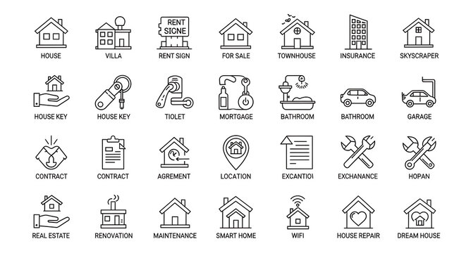 Set of real estate and property management line icons with property mortgage building construction architecture business development contract purchase ownership apartment residence
