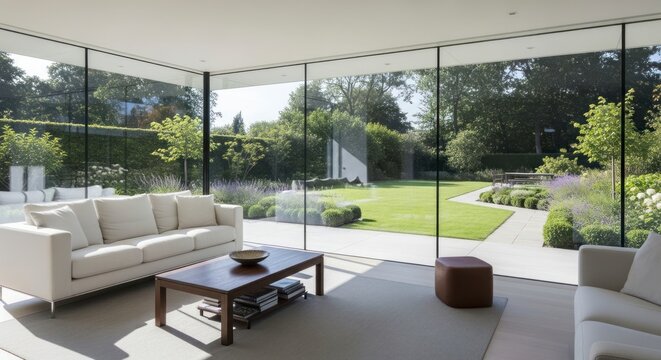 Sunlit Modern Living Room with Glass Walls Blurring the Line to a Lush Garden.