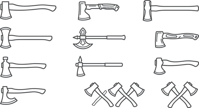 Axe and Hatchet Line Icon Vector Set Featuring Tomahawk, Felling, Bearded, Double Bit, and Crossed Axes for Woodworking or Logo Design