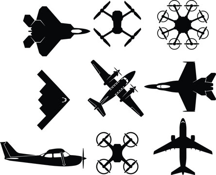 Aircraft and drone black silhouettes set featuring military fighter jets commercial airplanes propeller planes and quadcopters on image_64bcbd.png