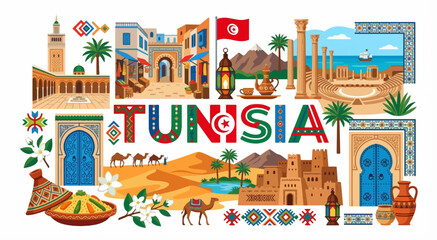 Naklejka premium Vibrant illustration highlighting the cultural landmarks of Tunisia