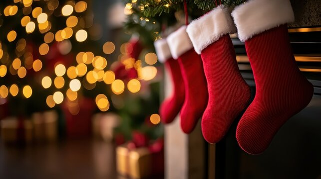 Christmas stockings hung by a cozy fireplace with warm bokeh lights, evoking a festive holiday ambiance