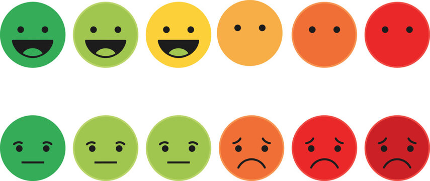 Color‑Coded Emotion Icon Set Featuring 12 Circular Faces Showing Mood Spectrum from Happy to Sad