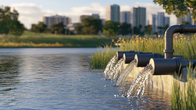 Contaminated water flows from industrial pipes into a serene lake with a city skyline in the background
