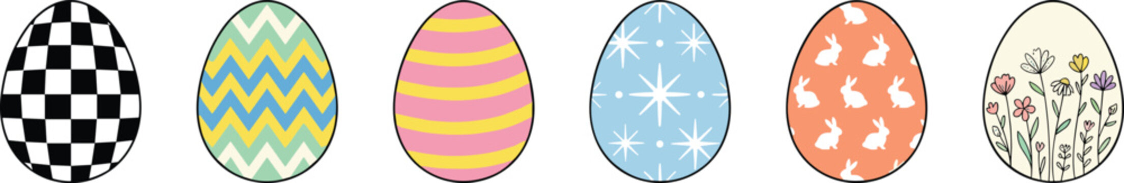 Colorful Easter egg collection with pastel decorative patterns, floral ornaments and festive spring holiday design elements
