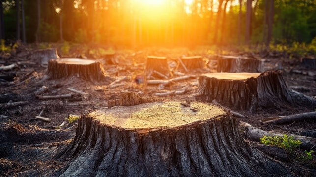Deforested forest area with numerous tree stumps and fallen logs during golden hour sunlight, showcasing widespread logging impact.