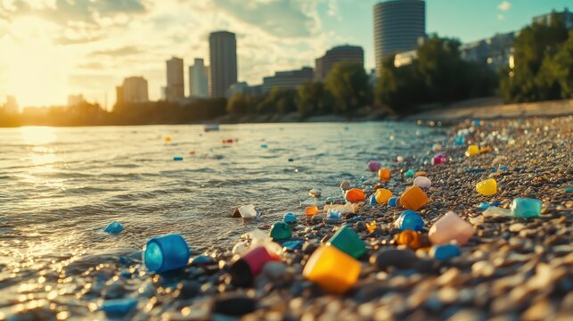 Colorful Plastic Debris Polluting a Suburban Riverbank with City Skyline in Background