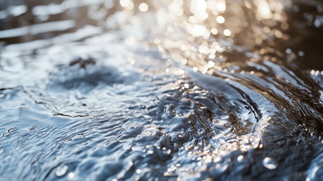 Detailed macro view of sunlit water surface with sparkling ripples and reflections, showcasing natural aquatic flow