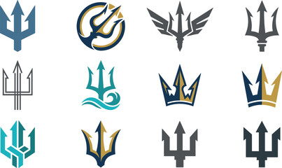 Trident Logo Vector Icon Set Featuring Poseidon, Neptune, Ocean Waves, Mythological Weapons, King Crowns, and Winged Sea Spears for Brand Identity © Mdsumon