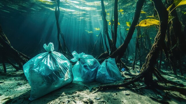 Discarded plastic bags deeply tangled within mangrove roots in a sun-dappled underwater wetland environment
