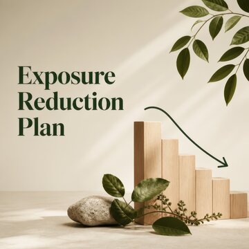 Exposure reduction plan with wooden blocks and downward arrow 3D render
