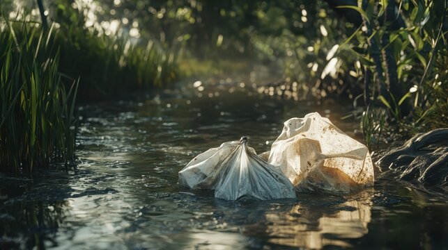 Discarded plastic bags float on polluted river water near lush green mangroves, highlighting environmental impact and waste.