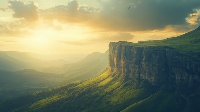 Dramatic cliff face at sunset with golden light illuminating vast mountain landscape