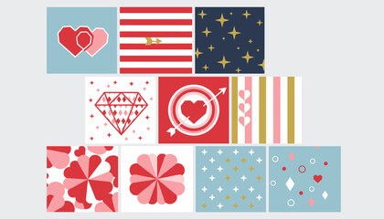 Obraz premium Colorful collection of ten Valentine day pattern tiles featuring hearts, arrows, diamonds, and stripes.