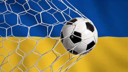 Naklejka premium Soccer Ball Hitting Goal Net Against Blue and Yellow Flag Background, Sports Win Concept