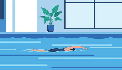 Obraz premium Fit male athlete swimming freestyle inside a bright indoor pool with a potted green plant in the background.