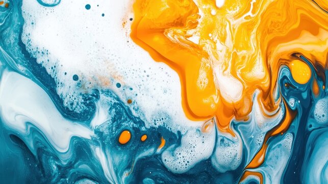 Dynamic Abstract Fluid Art with Vibrant Orange and Blue Swirls and Bubbles