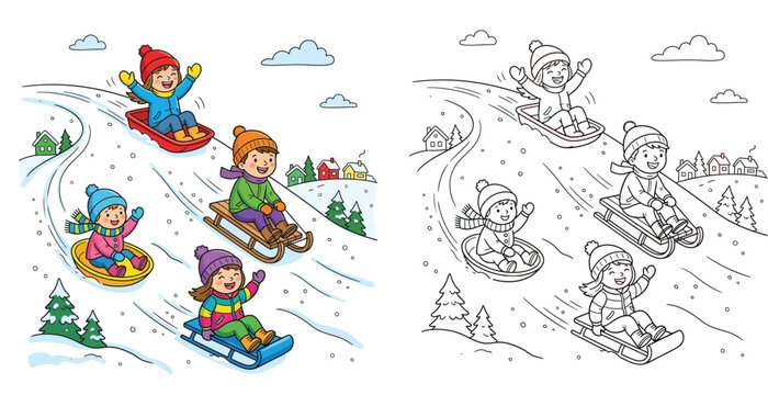 Happy children riding sleds on snow hill winter fun cartoon illustration and black and white coloring book page vector