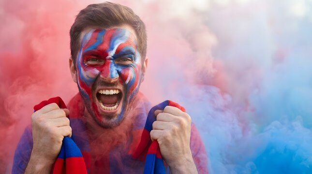 Enthusiastic male soccer fan with painted face loudly celebrating championship victory, surrounded by vibrant red and blue atmospheric fog for promotional content.