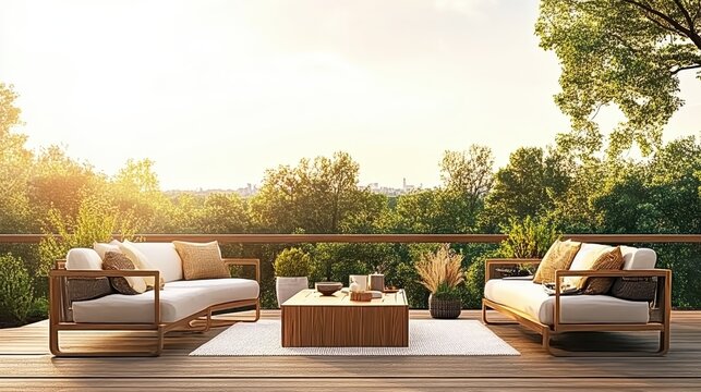 Elegant outdoor lounge area with stylish wooden furniture and panoramic city views bathed in bright afternoon sunlight