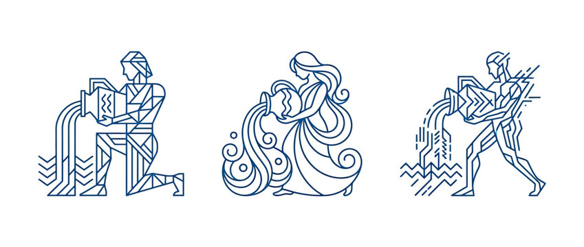 Classical line art illustrations of greek gods water harvesting and wind