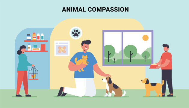 Compassionate animal shelter team caring for rescue pets including cute dogs, cat, and bird in a cozy center.
