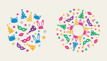 Fototapeta premium Two circular festive collages containing colorful masquerade masks, party hats, and playful bunny ears.