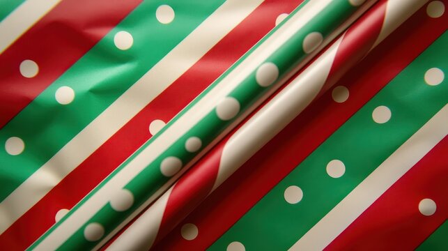 Festive Christmas Wrapping Paper with Diagonal Red Green Stripes and White Polka Dots