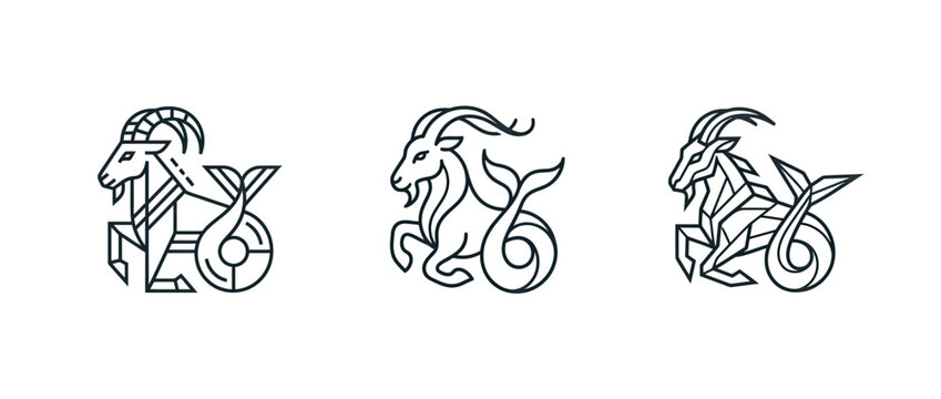 Triple mythical sea creatures with trident trident and scales in linear style illustration