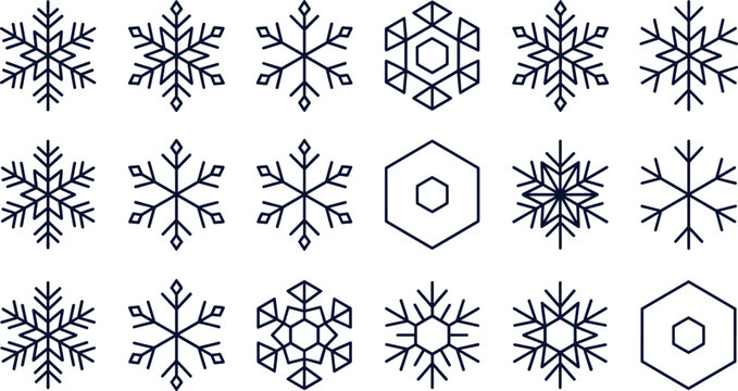 Winter snowflake icon collection with geometric icy crystal shapes, decorative cold weather symbols and minimalist seasonal designs