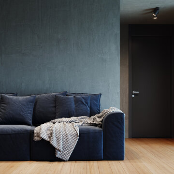 Modern interior design of living room with blue sofa and empty concrete wall background. 3D Rendering, 3D Illustration