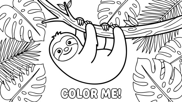 Cute sloth hanging from tree branch, tropical leaves background, easy coloring page design, black and white cartoon vector