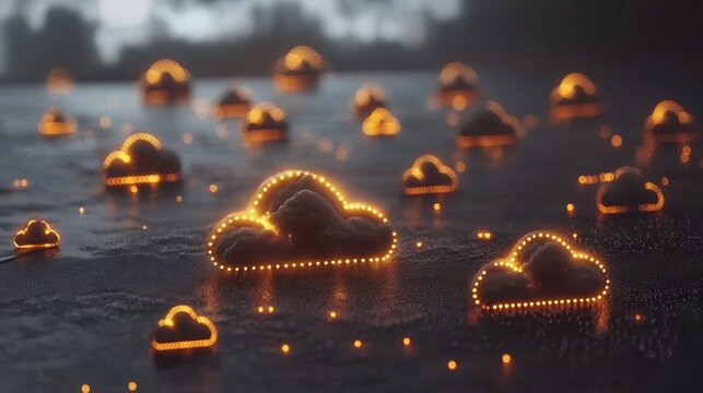 Glowing Cloud Computing Networks With Ambient Orange Light Showing Digital Data Connections