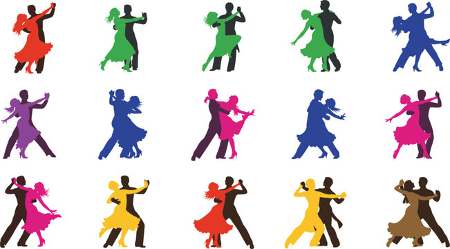 Colorful dancing couple silhouette set with 16 vibrant poses for design, celebration, and performance themes