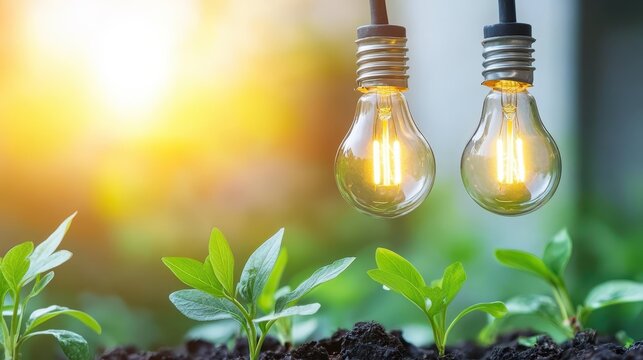 Glowing Edison Bulbs illuminating lush green seedlings in soft outdoor sunlight representing sustainable energy and eco-friendly growth
