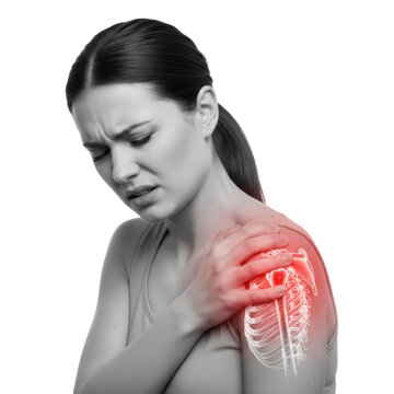 Young caucasian woman with brown hair winces in agony while gripping her injured shoulder with a glowing red anatomical bone illustration, medical distress concept