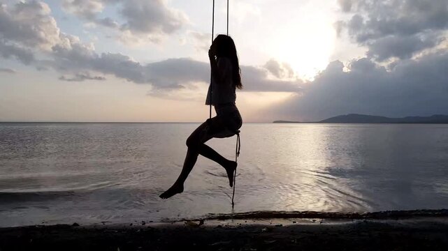 Rope Swing Drone Lake Silhouette Woman Sunset Mountain
