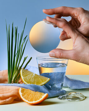 Hand Holding Glass Lens Over Citrus and Water Still Life