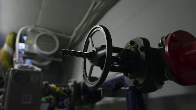 Valve handwheel in pumping station equipment room with worker in background