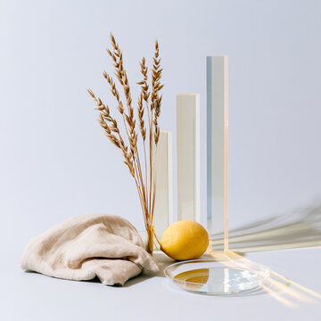 Minimal Citrus Still Life with Dried Grass and Glass Reflections