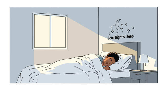 Man sleeping peacefully in a bedroom.