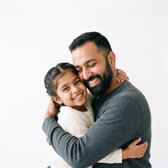 Obraz premium A happy Middle Eastern father and his young daughter sharing a warm, joyful hug against a white studio background, representing love and family.