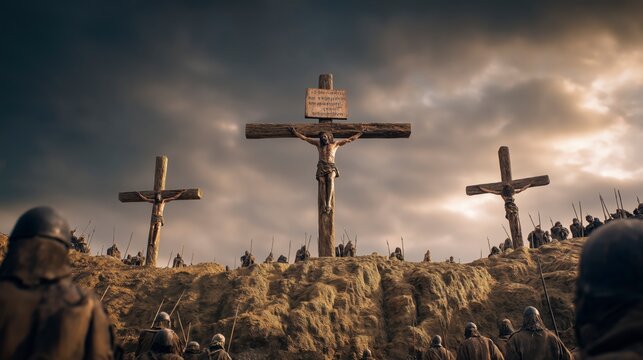 Jesus hangs upon the central cross at Golgotha between two others, fulfilling God&rsquo;s redemptive plan and offering hope, forgiveness, and salvation to all humanity.
