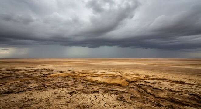 Dramatic dark storm clouds over cracked parched desert landscape during drought with landscape environment wilderness