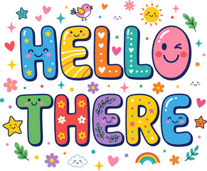Fototapeta premium Colorful hello there greeting with cartoon characters