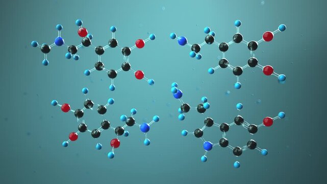 Four happiness molecules in liquid environment &ndash; serotonin, dopamine, norepinephrine and adrenaline. 4k video. ProRes 4444.