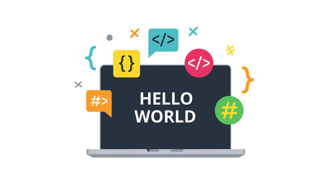 Programming and Software Development Concept Illustration with Laptop Screen Displaying Hello World and Coding Symbols on White Background