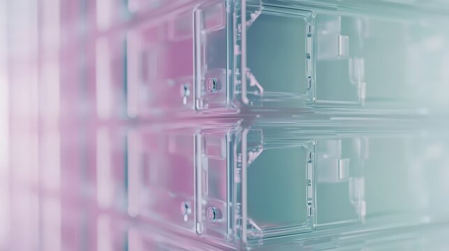 Stack of transparent data storage containers representing digital backup and recovery processes with soft lighting