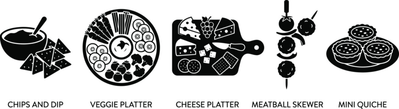 Set of party appetizers icons including chips and dip, veggie platter, cheese platter, meatball skewer, and mini quiche