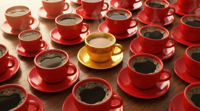 Many red coffee cups with one golden cup standing out in a large crowd of drinks.